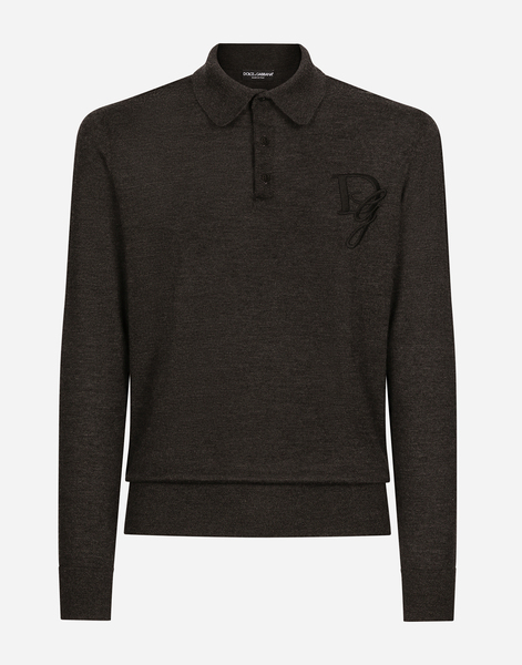  Dolce & Gabbana Long-sleeved Cashmere Polo-shirt With Embroidered Logo - Man Sweaters And Cardigans Gray 54 