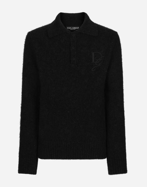  Dolce & Gabbana Long-sleeved Wool Polo-shirt With Embroidered Logo - Man Sweaters And Cardigans Gray 48 