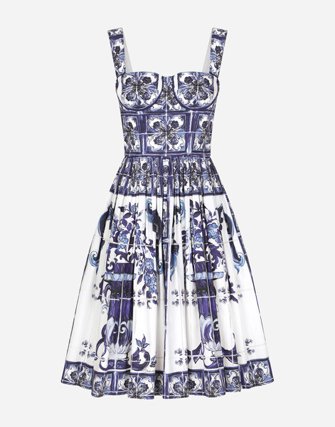  Dolce & Gabbana Midi Corset Dress In Cotton Poplin With Majolica Print - Woman Dresses Blue Cotton 48 