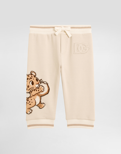  Dolce & Gabbana Oversized Fleece Trousers With Dg Patch And Leopard Print - Man Trousers And Shorts Beige 12/18 Months 
