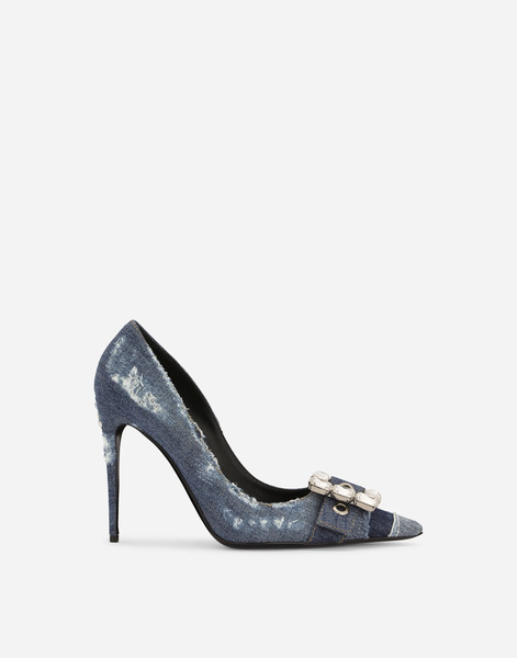  Dolce & Gabbana Patchwork Denim Pumps With Rhinestone Buckle - Woman Pumps And Slingback Blue Denim 36 