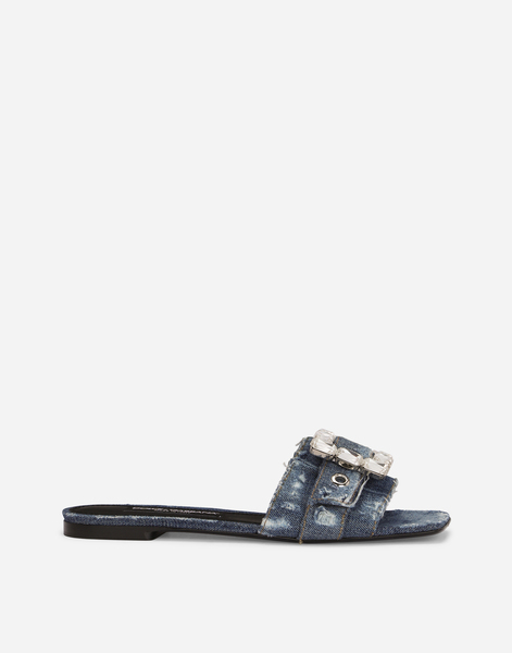  Dolce & Gabbana Patchwork Denim Slides With Rhinestone Buckle - Woman Slides And Mules Blue Denim 37.5 