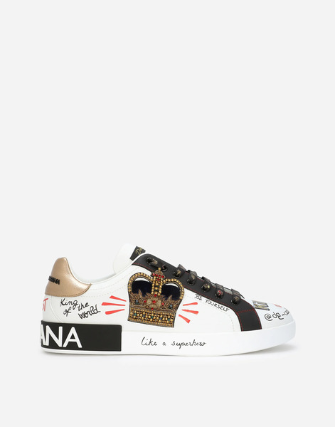  Dolce & Gabbana Portofino Sneakers In Printed Nappa Calfskin With Patch - Man Sneakers White Leather 43 
