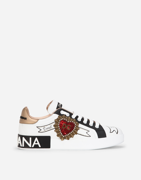  Dolce & Gabbana Printed Calfskin Nappa Portofino Sneakers With Embroidery - Woman Sneakers White Leather 39.5 