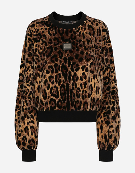  Dolce & Gabbana Round-neck Chenille Sweatshirt With Jacquard Leopard Design - Woman T-shirts And Sweatshirts Multi-colored Cotton L 