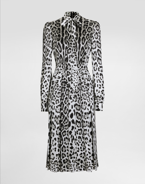  Dolce & Gabbana Satin Calf-length Shirt Dress With Pussy-bow And Leopard Print - Woman Dresses Print 44 