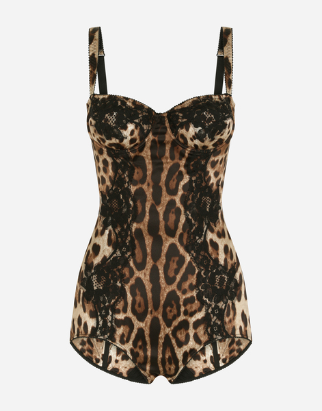  Dolce & Gabbana Silk Balconette Lingerie Bodysuit With Leopard-print Lace Details - Woman Underwear Animal Print Cotton 1b 