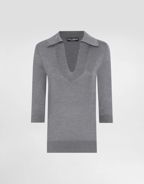 Dolce & Gabbana Silk V-neck Polo-shirt With Dg Logo Embroidery - Woman Sweaters And Cardigans Grey 40 
