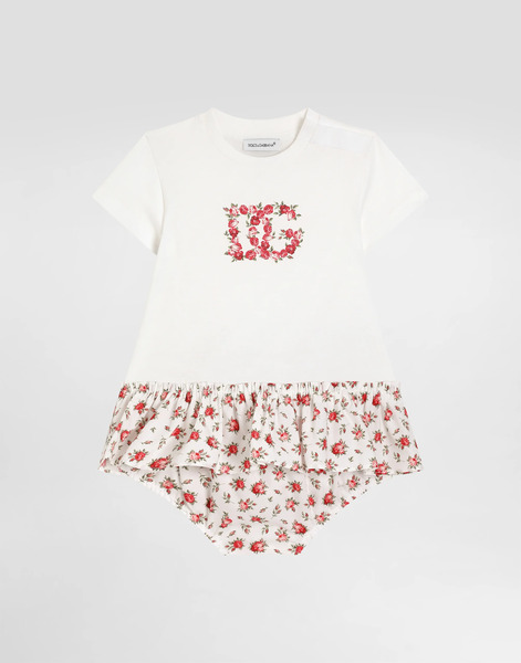  Dolce & Gabbana Small Rose-print Jersey And Poplin Dress With Dg Logo - Woman Dresses Multi-colored 24/30 Months 