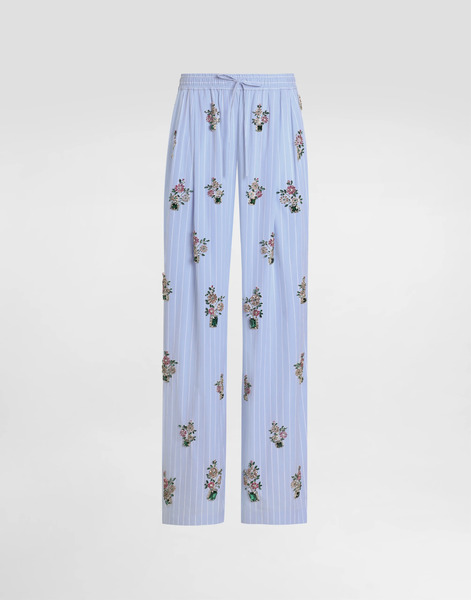  Dolce & Gabbana Striped Poplin Trousers With Crystal Flower Embroidery - Woman Pants And Shorts Multi-colored 46 