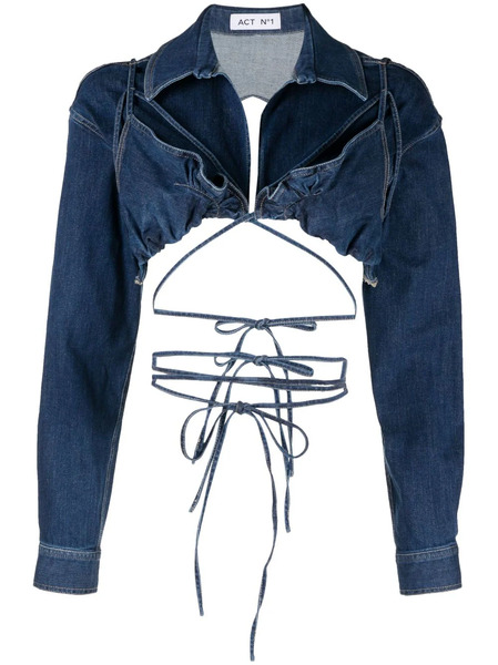  Act Nº1 Cropped Open-back Denim Blouse - Blue 