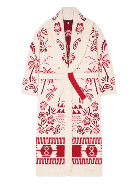  Alanui Palm-tree Pattern Fringe Coat - 0f25-chalk-ruby 