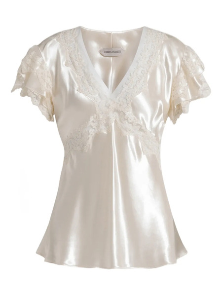  Alberta Ferretti Lace Ruffled Top - Neutrals 