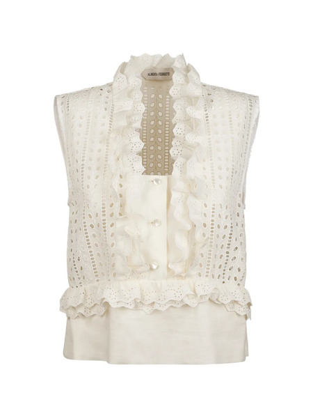  Alberta Ferretti Ruffled Eyelet Blouse - Neutrals 