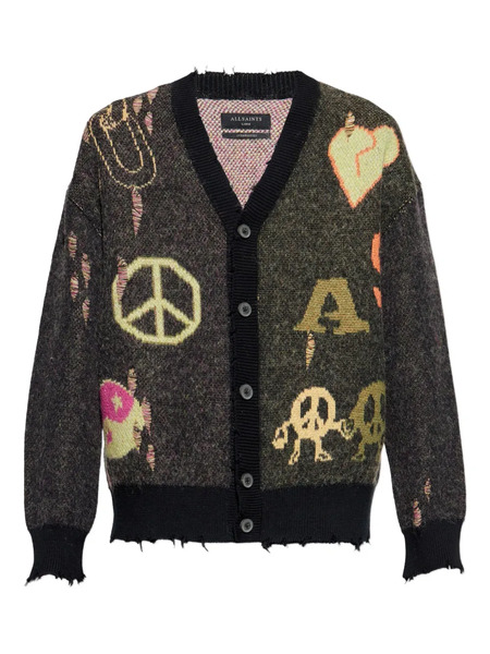  Allsaints Graphic-print Frayed Cardigan - Black 