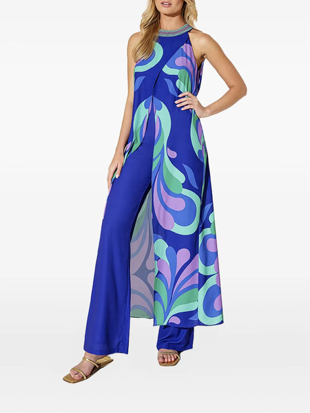  Allure Beaded-neckline Print Top - Blue 