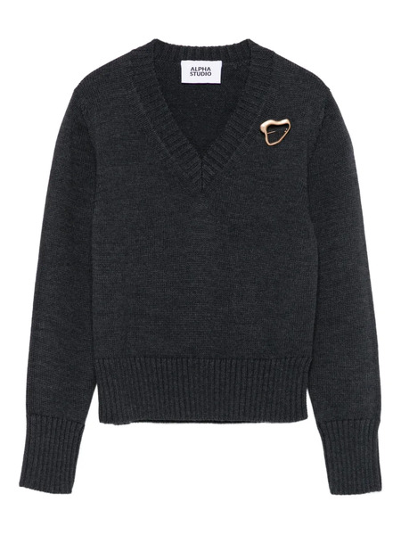  Alpha Studio Pin-detail V-neck Sweater - Grey 