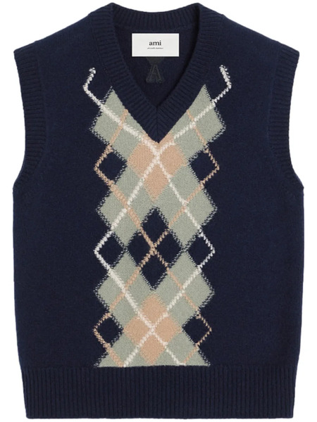  Ami Paris Argyle Wool-cashmere Blend Sleevless Jumper - Blue 