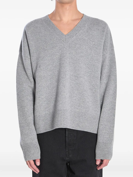  Ami Paris V-neck Ribbed Sweater - Grey 
