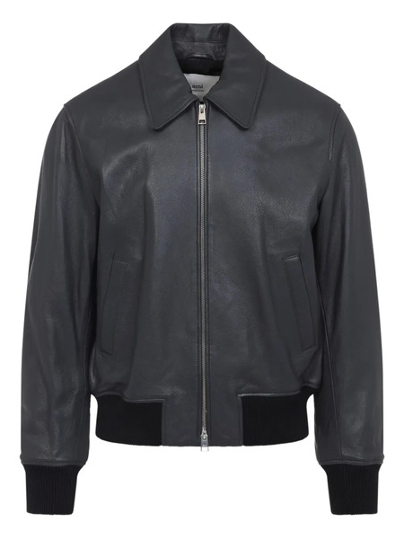  Ami Paris Zip-front Leather Jacket - Grey 