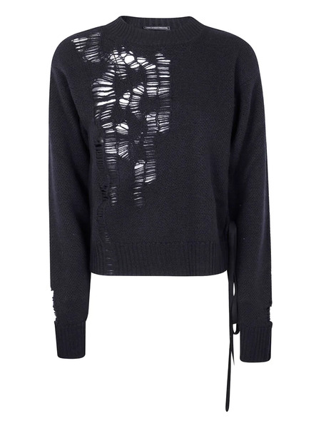  Ann Demeulemeester Side-tie Distressed Wool Sweater - Black 