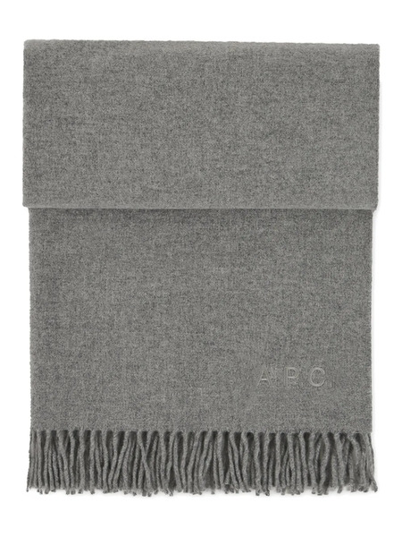  A.p.c. Embroidered-logo Fringed Scarf - Grey 