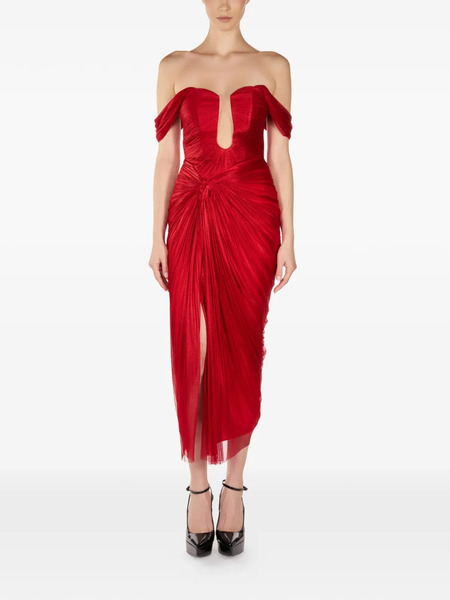  Araftu Off-shoulder Split Midi Dress - Red 