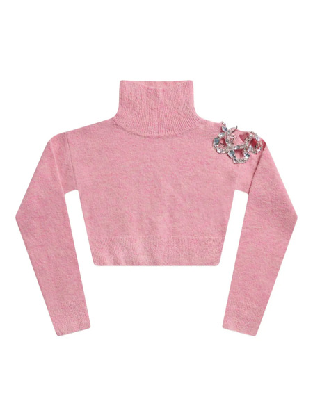  Area Crystal-cluster Flower Turtleneck Sweater - Pink 