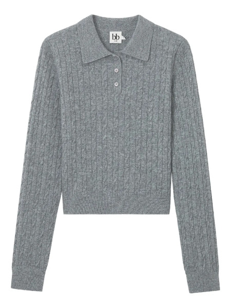  B+ab Cable-knit Buttoned Polo Top - Grey 