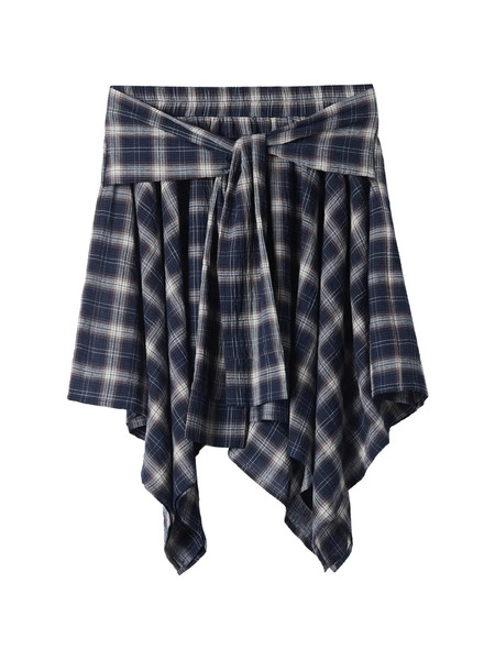  B+ab Tie-waist Check-pattern Asymmetric Skirt - Blue 