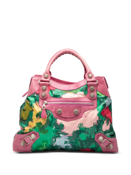  Balenciaga Pre-owned 2005-2025 Lambskin And Satin Floral Print Motocross Giant 21 Brief Satchel - Pink 