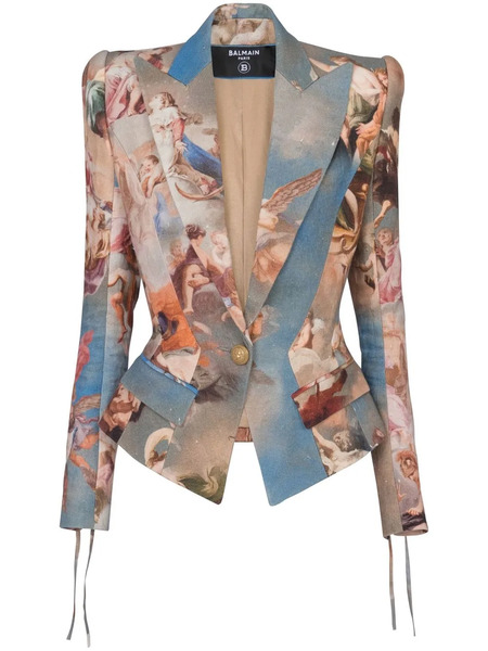  Balmain Abstract-print Double-breasted Blazer - Blue 