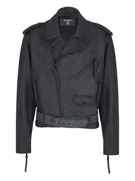  Balmain Belted Leather Biker Jacket - Black 