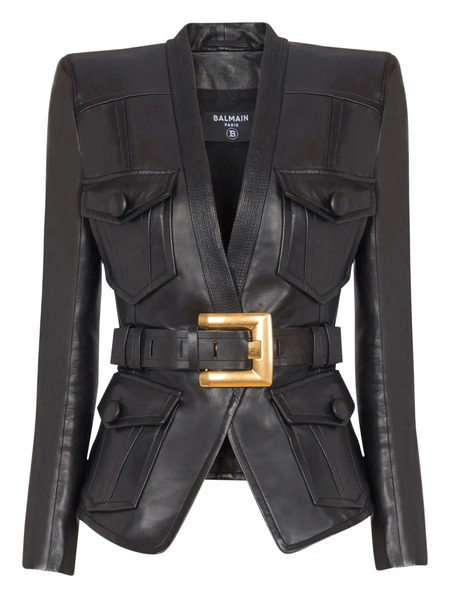  Balmain Belted Leather Jacket - Black 