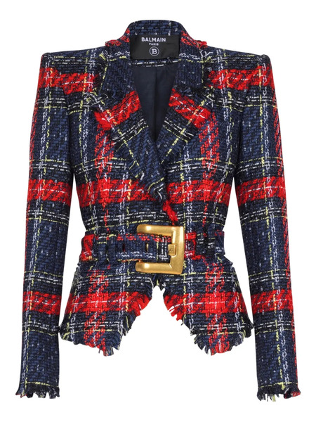  Balmain Belted Plaid Tweed Jacket - Blue 