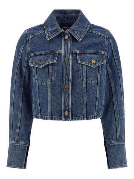  Balmain Buttoned Cropped Denim Jacket - Blue 