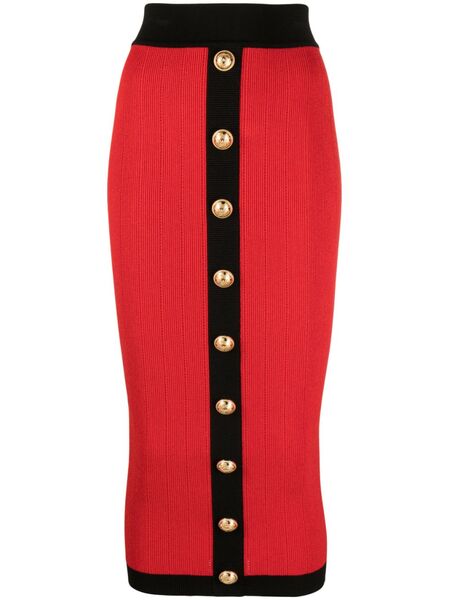  Balmain Buttoned Knit Midi Skirt - Red 