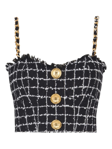  Balmain Chain-strap Tweed Top - Black 