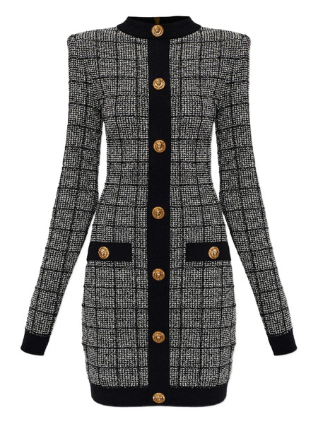  Balmain Checked-pattern Long-sleeve Dress - Grey 