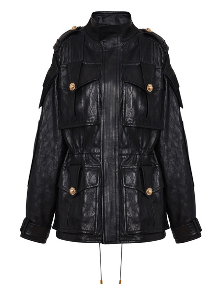  Balmain Diamond-stitched Leather Parka Coat - Black 