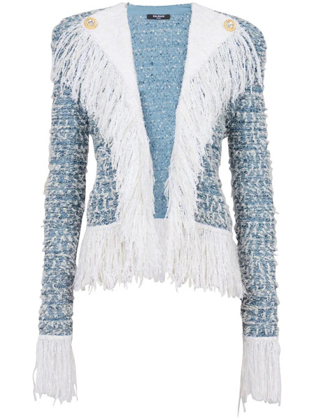  Balmain Fringed Denim Tweed Jacket - Blue 