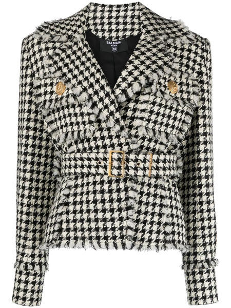 Balmain Houndstooth Tweed Belted Jacket - Neutrals 