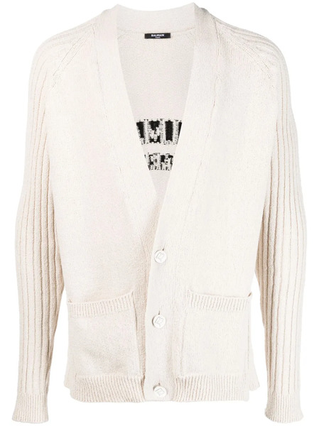  Balmain Intarsia-logo Button-up Cardigan - Neutrals 