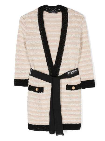  Balmain Kids Belted Striped Cardigan - Neutrals 