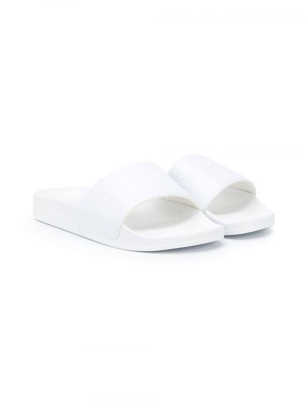  Balmain Kids Embossed Logo Pool Slides - White 
