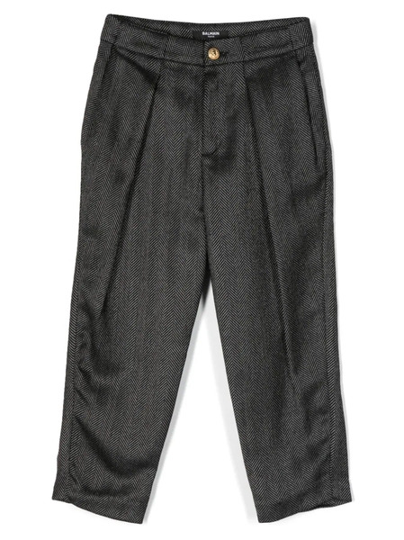  Balmain Kids Pleated Herringbone-pattern Trousers - Black 