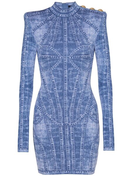 Balmain Knitted Jacquard Mini Dress - Blue 