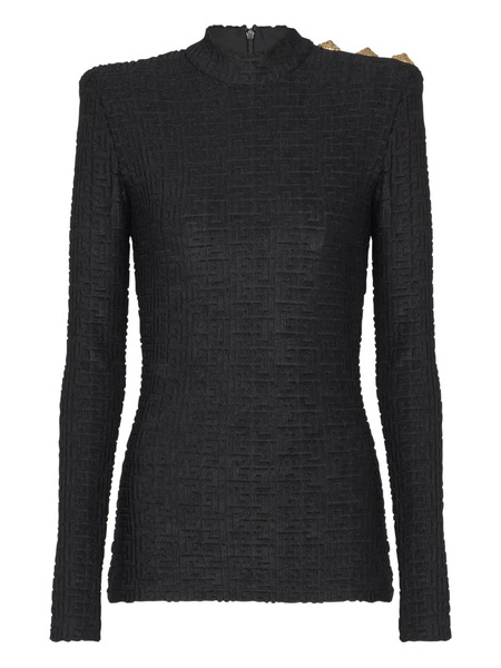  Balmain Ls Bouclette Monogram-pattern Button Top - Black 