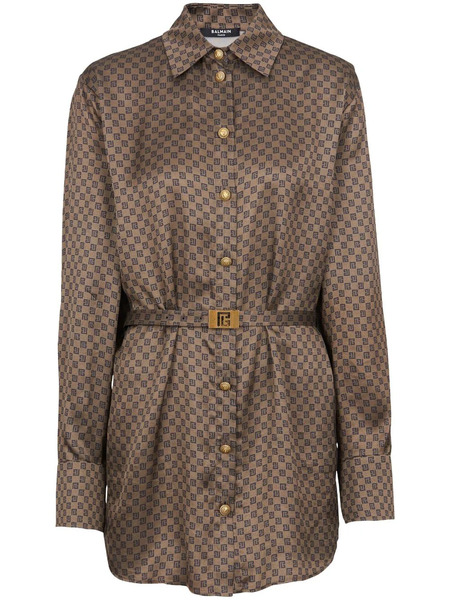  Balmain Mini Monogram-print Silk Shirt - Brown 