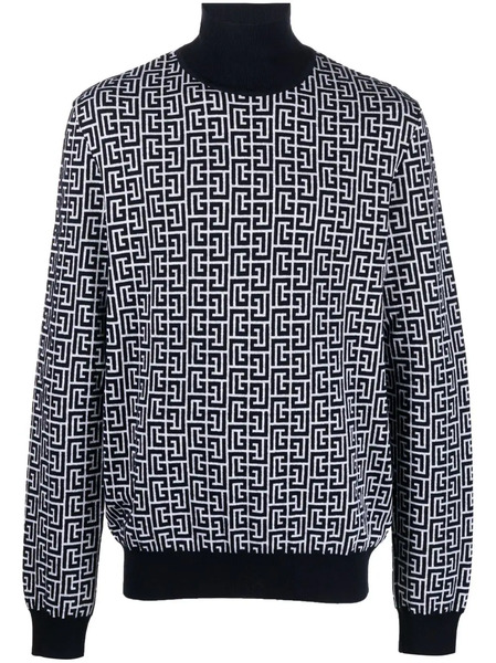  Balmain Monogram-intarsia Roll-neck Jumper - Blue 